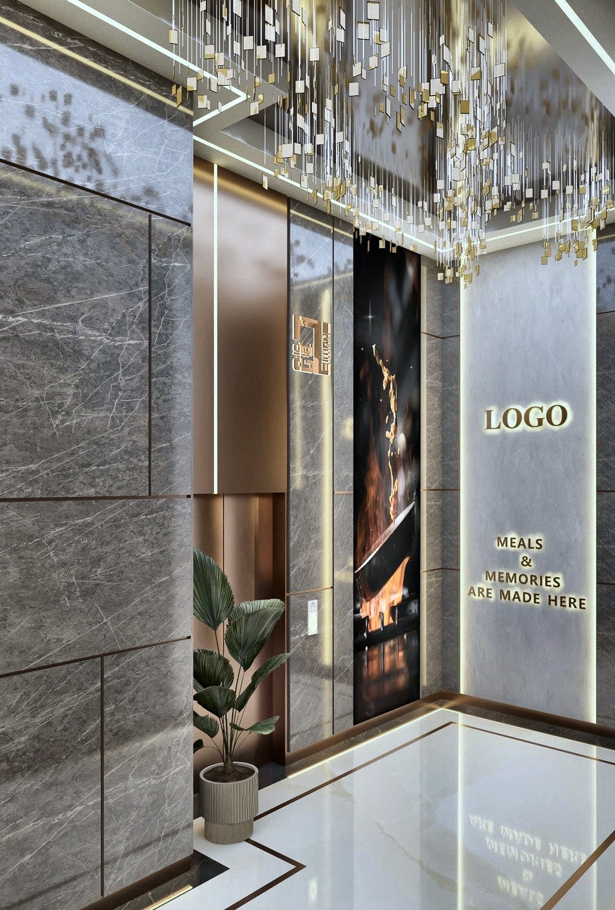 Lift lobby with gold pendant lighting