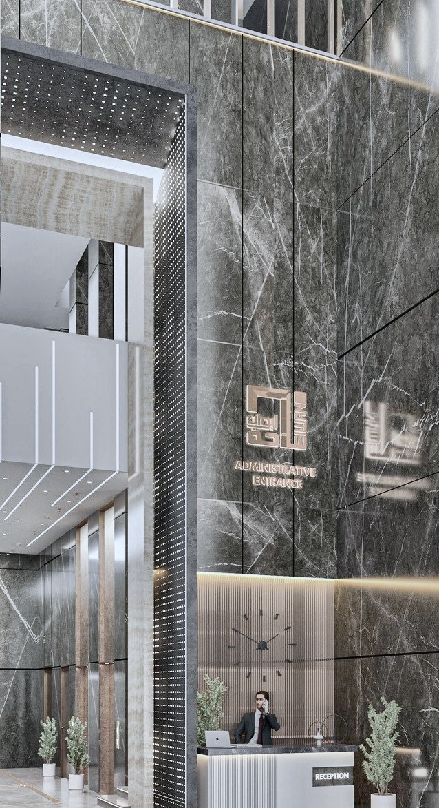 Lift lobby with fluted wood panels