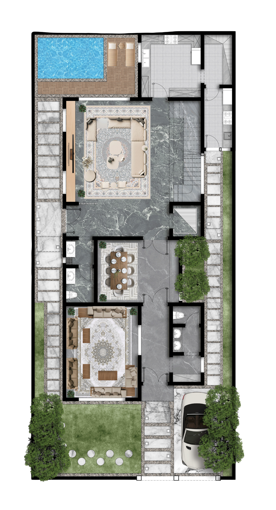 Ground floor plan — colored study B (majlis & pool)