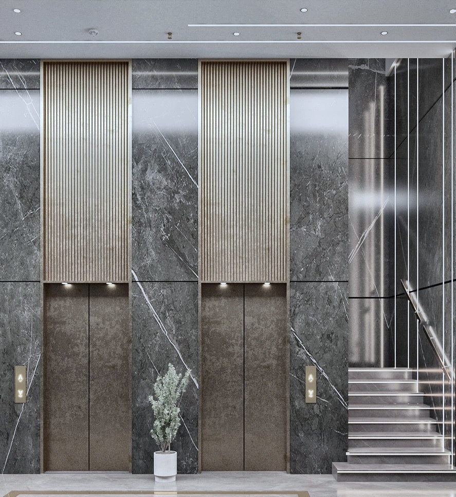 Reception desk with fluted wood wall and metal clock