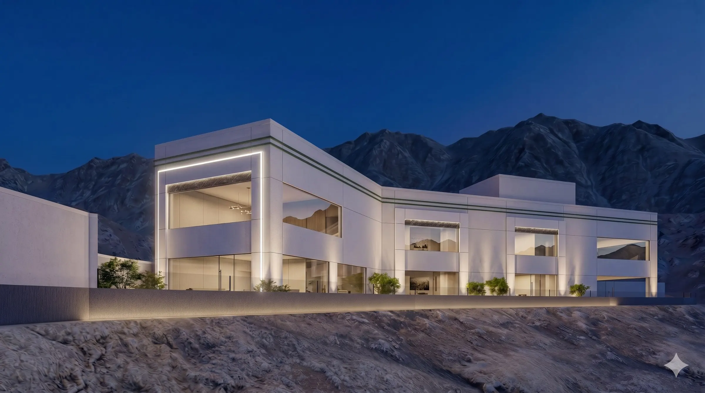 Villa in daylight with mountain backdrop